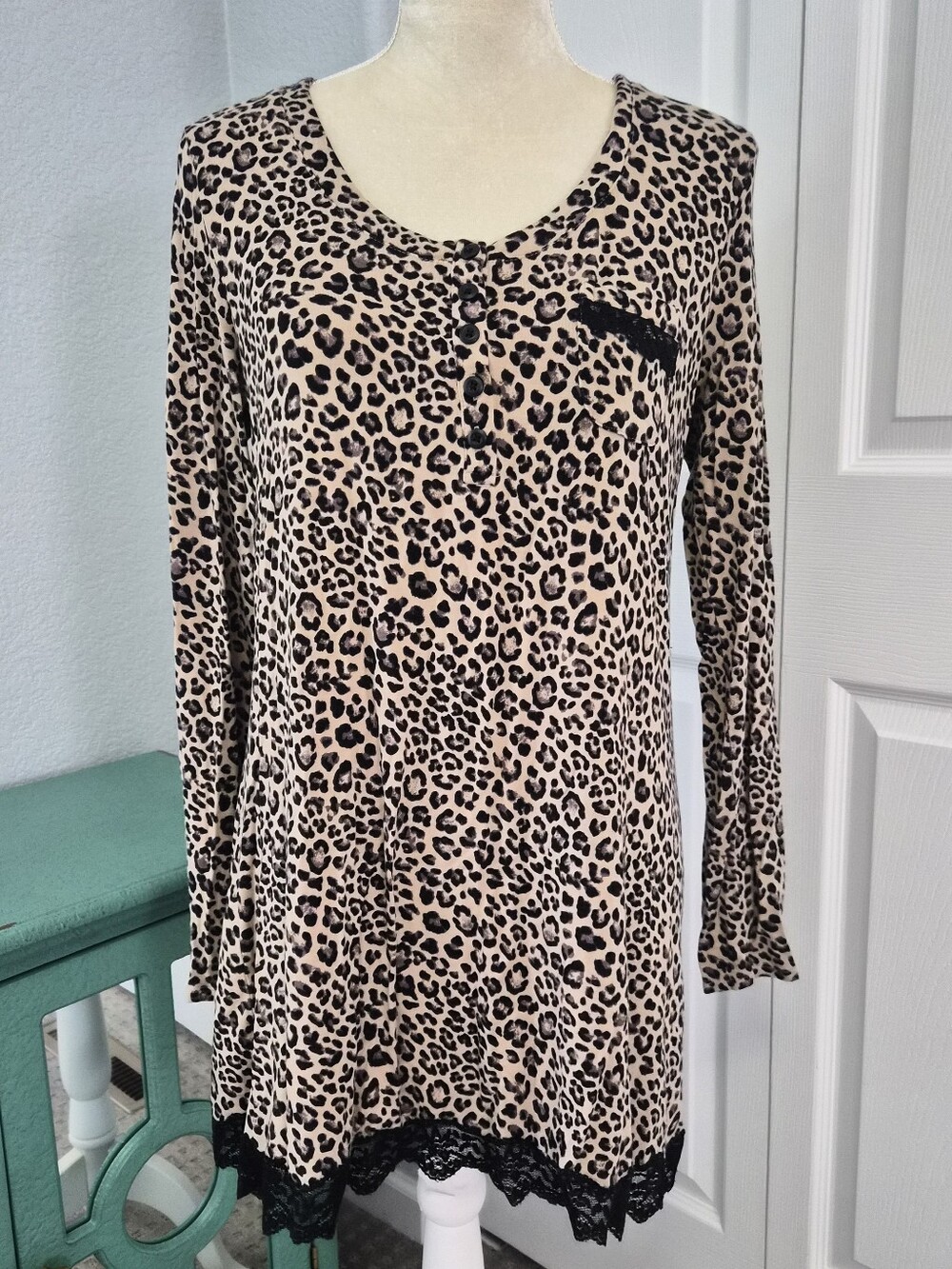 Soma Leopard Print Lace Trim Sleep Tunic Animal Print Loungewear Pajama Top